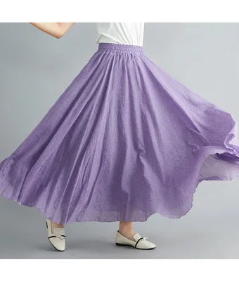 28-Color Mori Girl Literary Cotton Linen Dress Elastic Waist A-line Expansion Skirt Solid Color Ethnic Style Women Long Skirts