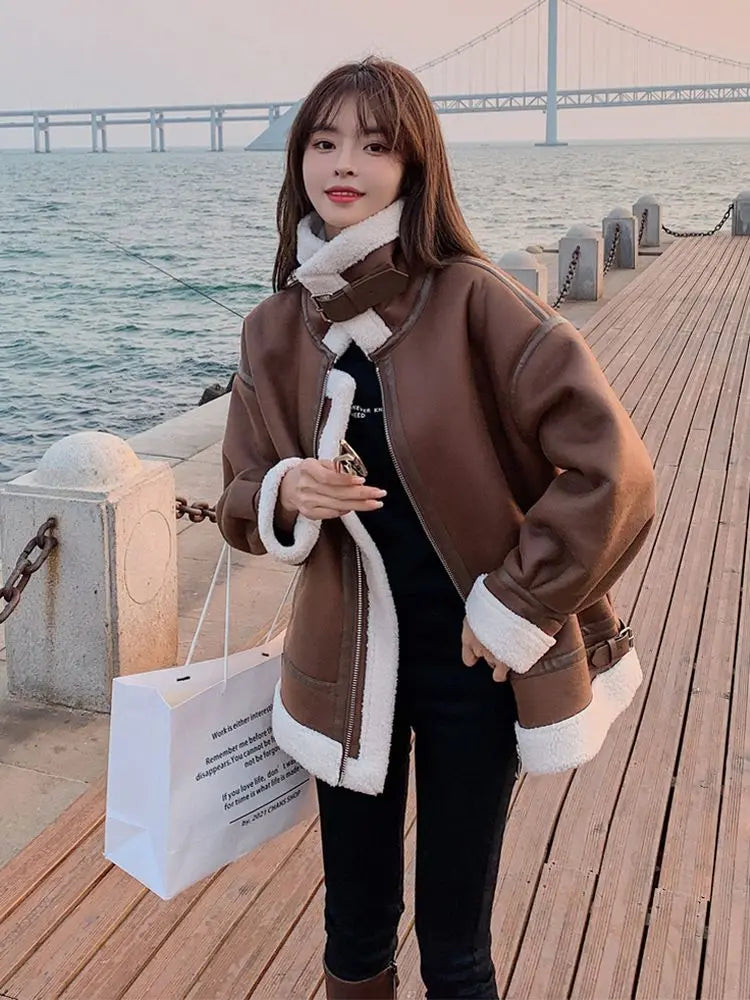 2023 New Winter Lambswool Coat Female Padded Fur One Motorcycle Suit Short Loose Leisure Plush Cotton-padded Jacket Coat Female