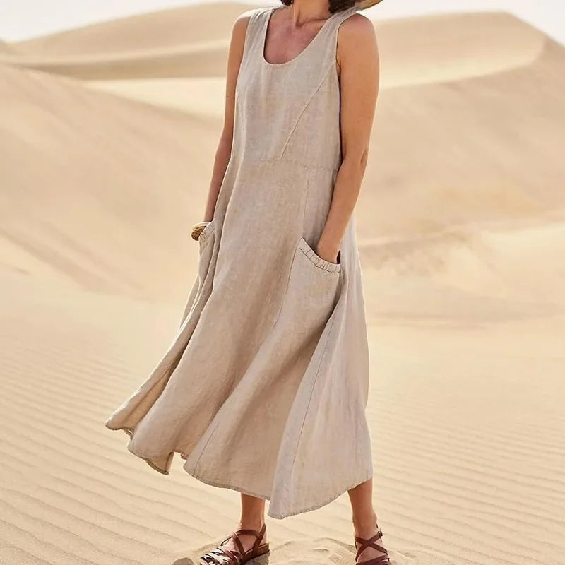 2023 Summer Casual Loose-fit Women's Dress Sleeveless Solid Color Round Neck Long Cotton Linen Dress Imported Europe America