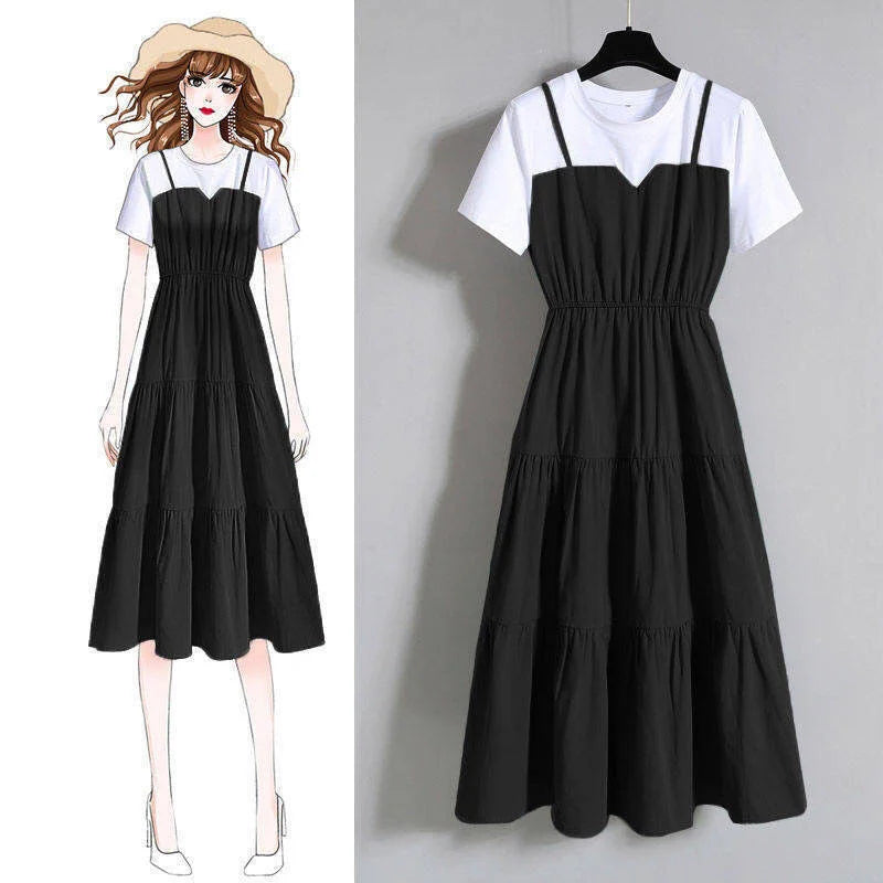 Fashionable Women Clothing Strap Long Dress Summer Fat Girl New Chinese Style Slim Short Sleeve Dress