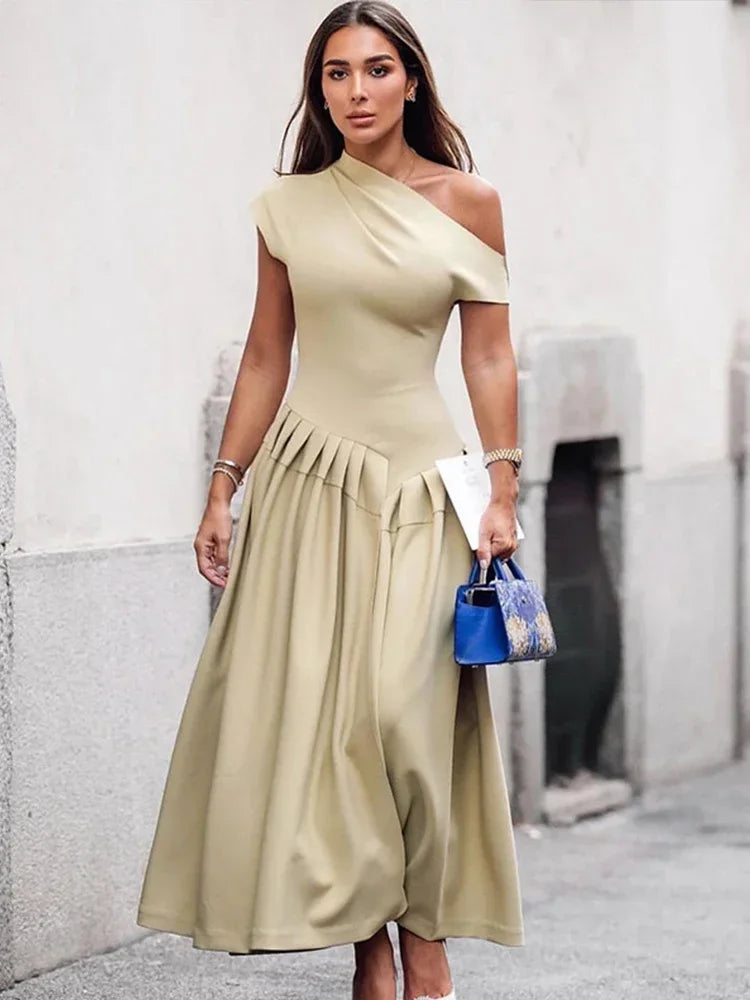 Elegant Off Shoulder Dress For Women Summer Short Sleeve Fold Long Dresses Female 2024 Fashion Solid Holiday Lady Vestidos