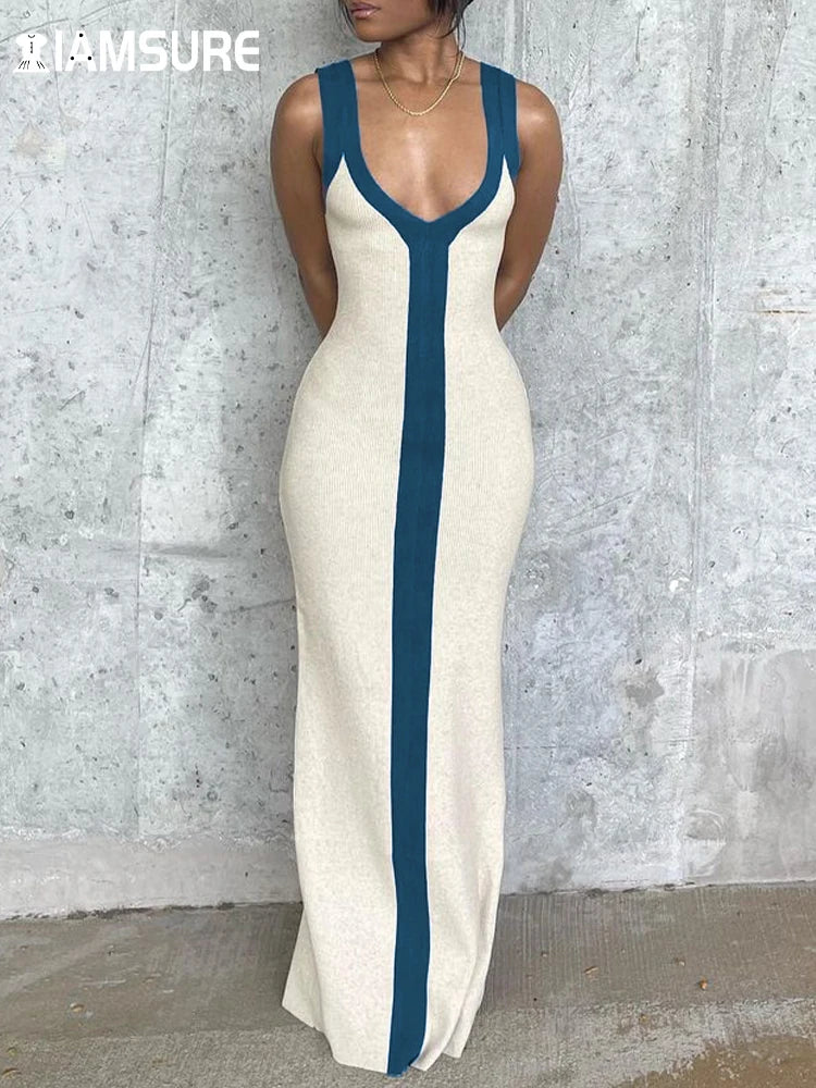 IAMSURE Holiday Sexy Contrast Color Striped Long Dress Slim Skinny V-Neck Sleeveless Maxi Dresses For Women 2023 Summer Fashion