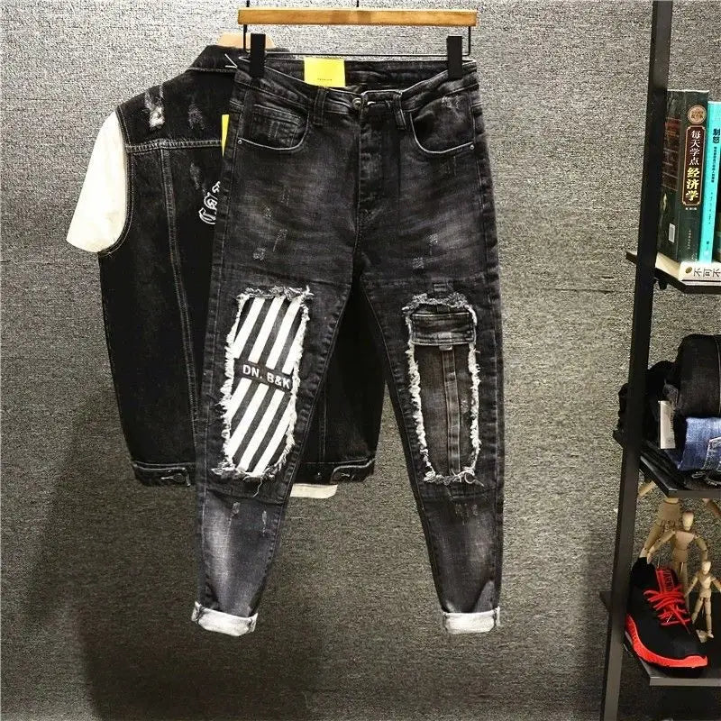 Fashion Harajuku Designer Stylish Slim Fit Patchwork Denim Jeans for Men Patches Korean Luxury Clothing Cowboy Pants for Men