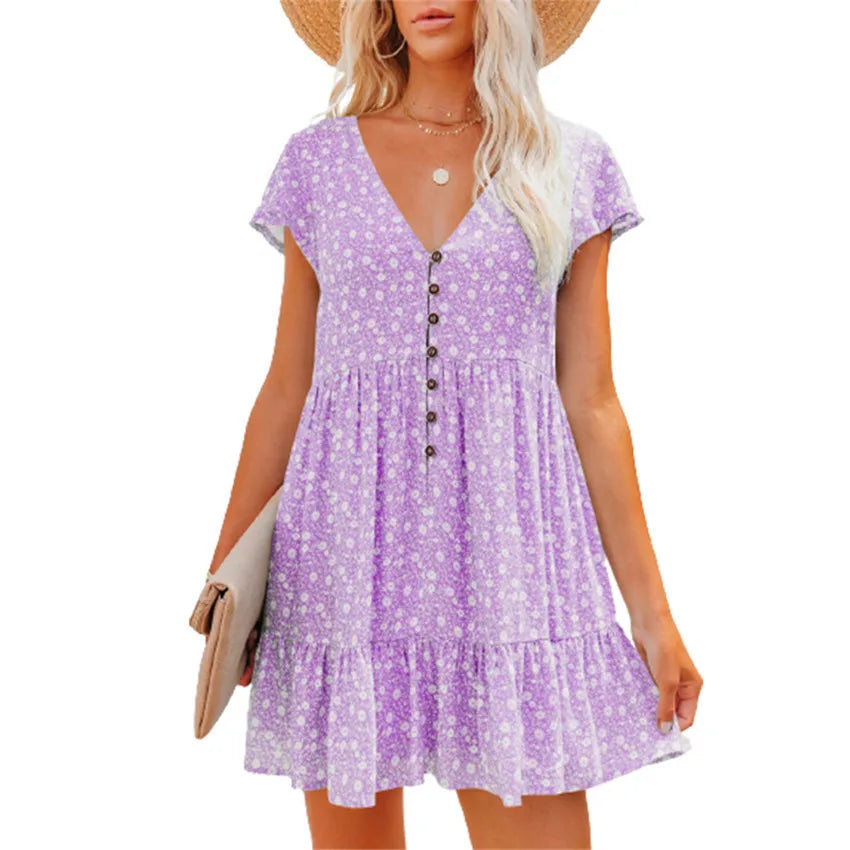 Women's Summer Sun Dresses Floral Full Print Button Up Dress Women Beach Dress V-neck Casual Loose Dress Women's Summer Clothing