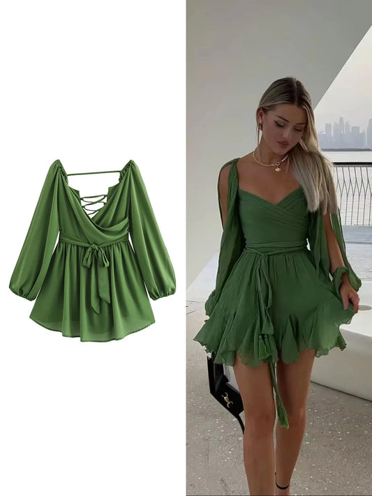 TRAF Women's Solid Colour Strapless Sleeve V-Neck Dress Temperament Elegant Backless Tie Dress Sexy Pleated Design Mini Dresses