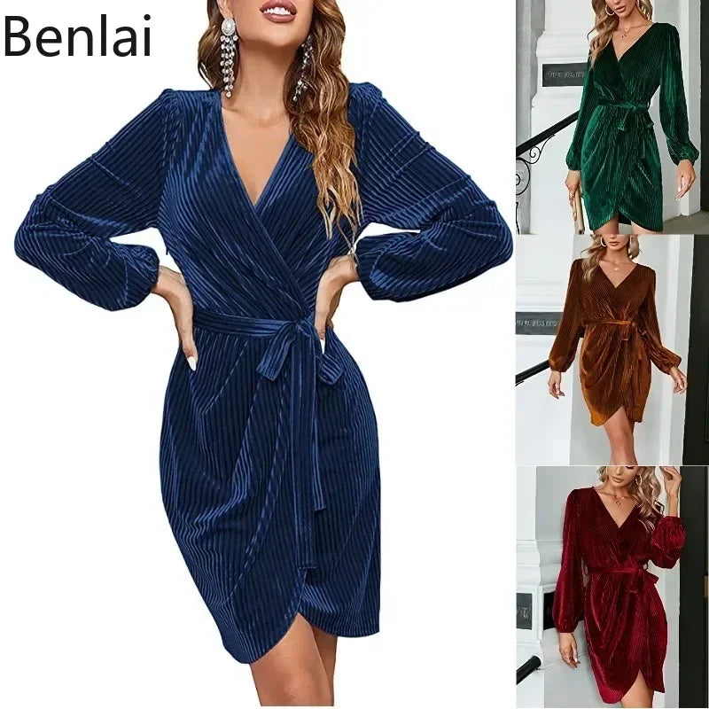 2024 Women Autumn/Winter Strap Solid Color Velvet Long Sleeve Banquet Dress Women  Maxi Dress A-line Skirt Robe Dress for Women