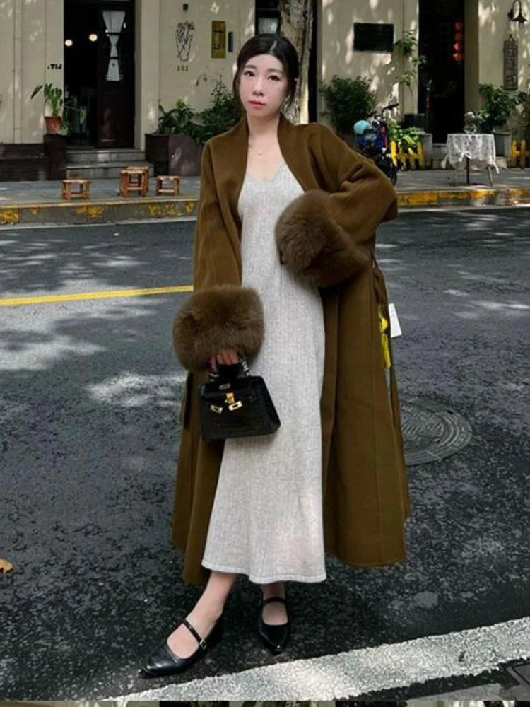 2024 Warm Long Coat With Belt Women's Elegant Warm Wool Blend Trench Coat Winter Clothes Fashion Outerwear Trench Coat