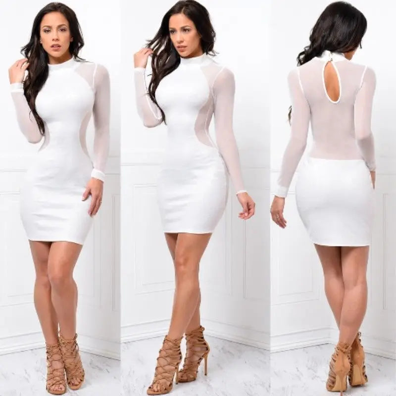 Women Sexy Bodycon Dress Evening Party Cocktail Dress Transparent Long Sleeve Clubwear Dress