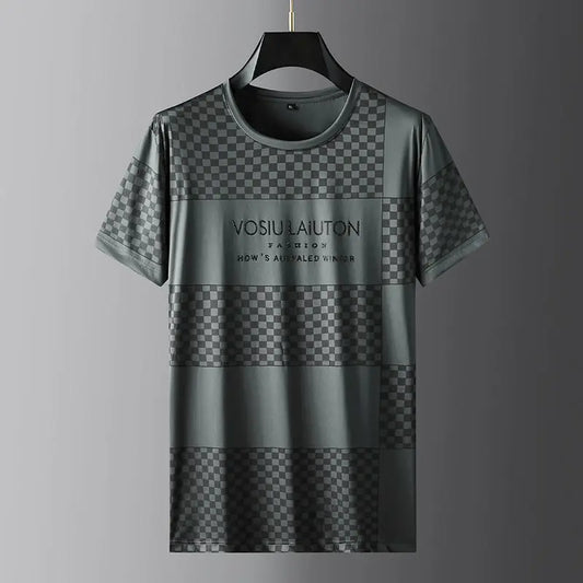 Trend Luxury Versatile Summer Men's Ice Silk O-Neck Printing Lattice Diamonds Fashion Casual Loose Short Sleeve T-Shirts Tops