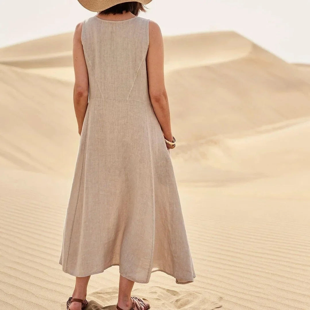 2023 Summer Casual Loose-fit Women's Dress Sleeveless Solid Color Round Neck Long Cotton Linen Dress Imported Europe America