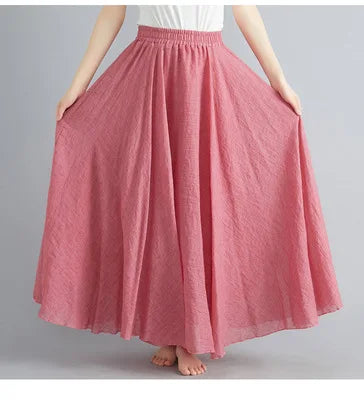 28-Color Mori Girl Literary Cotton Linen Dress Elastic Waist A-line Expansion Skirt Solid Color Ethnic Style Women Long Skirts