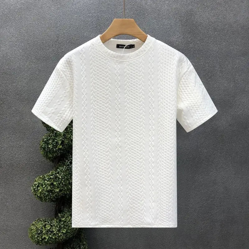 2024 New Summer Retro Korean Style Striped Knitting Solid Color T-shirts for Men Handsome O Neck Short Sleeve Chiffon Y2K Tops