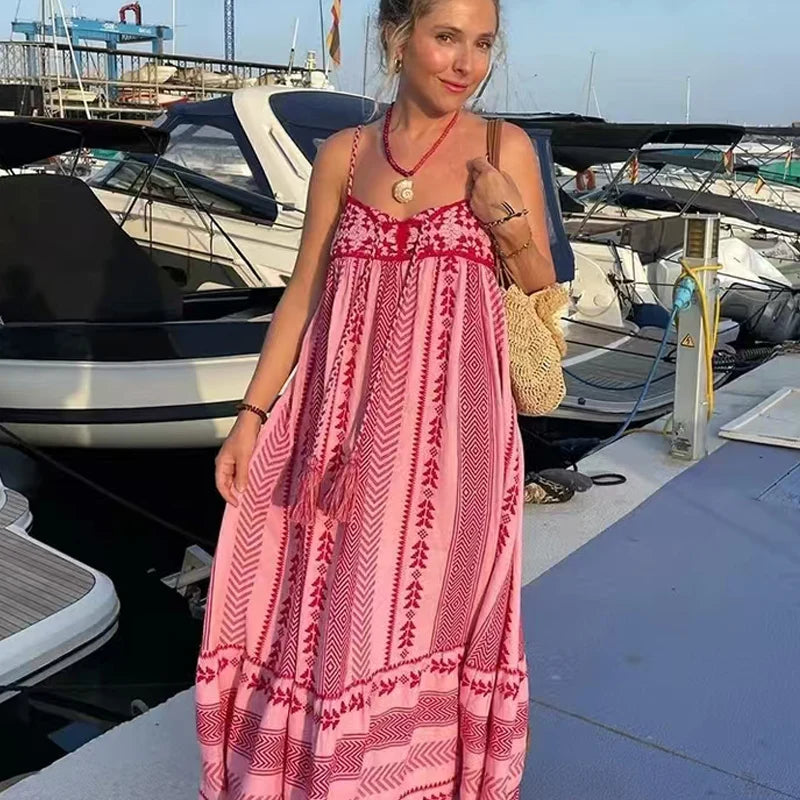 HXAO Print Long Dresses Women's Dress Embroidered Sleeveless Backless Dress Summer Midi Loose Lace-Up Slip Dresses Beach Dress