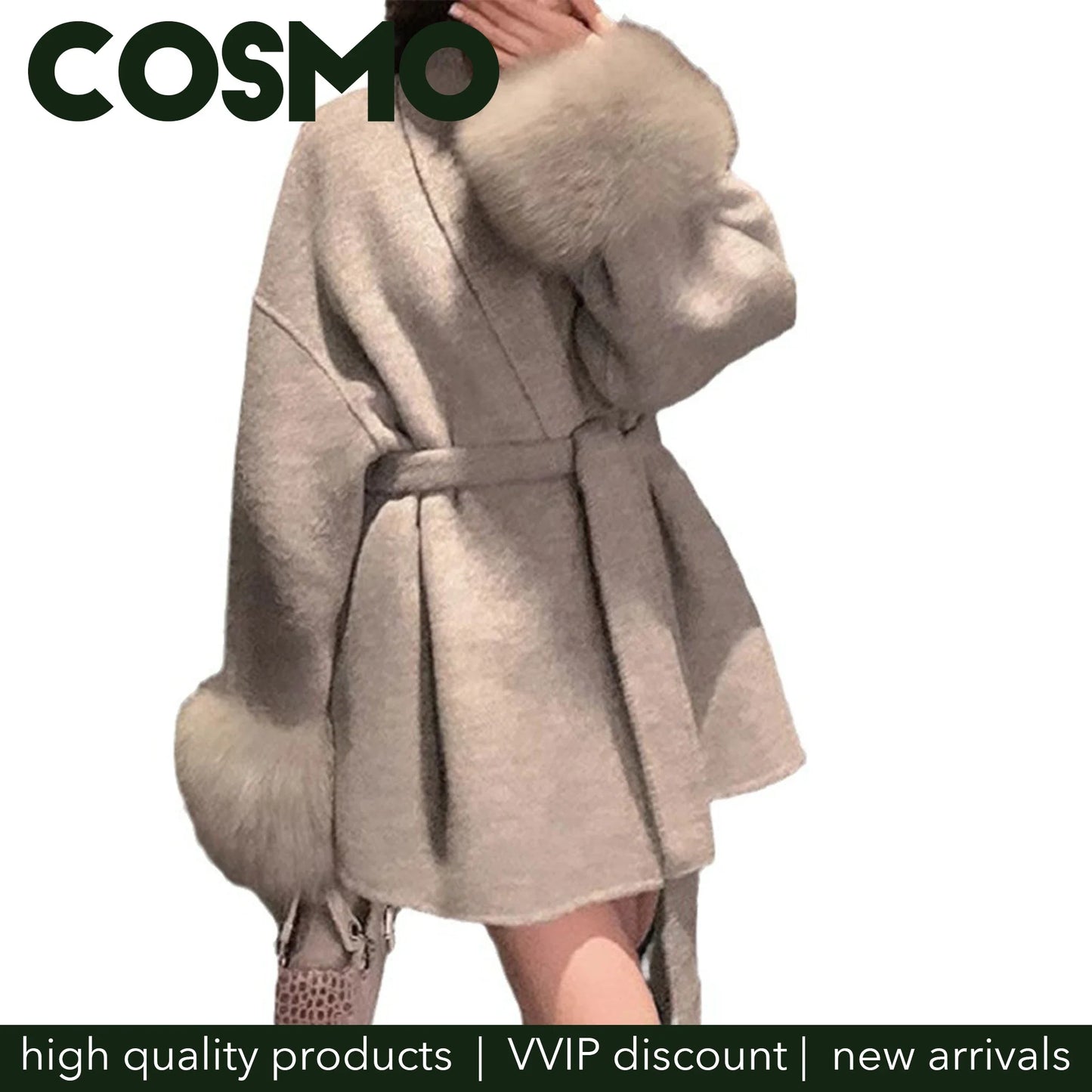 Cosmo Winter New Loose Fit Lazy Style Chic Fashion V-neck blend Coat for Women Wide Sleeves Outwear Stripes Female Wool Coat