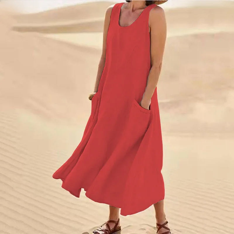 2023 Summer Casual Loose-fit Women's Dress Sleeveless Solid Color Round Neck Long Cotton Linen Dress Imported Europe America