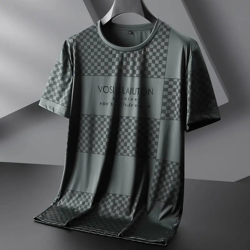 Trend Luxury Versatile Summer Men's Ice Silk O-Neck Printing Lattice Diamonds Fashion Casual Loose Short Sleeve T-Shirts Tops
