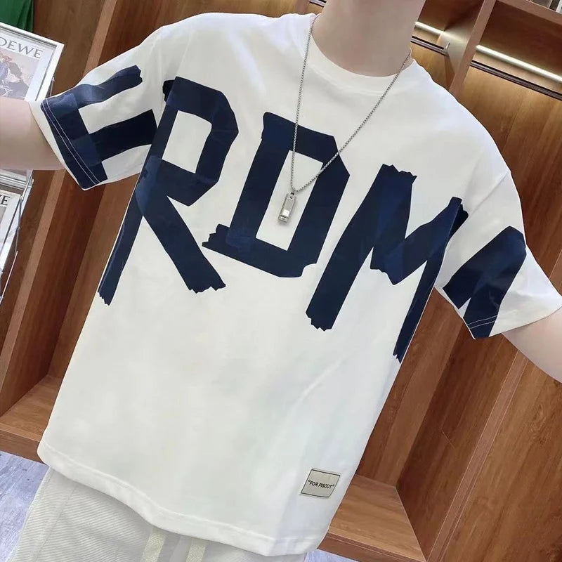 2023 Summer New Round Neck Short Sleeve Letter Printing T-Shirts Man Korean Style Fashion Loose Casual Cotton Pullovers Tops