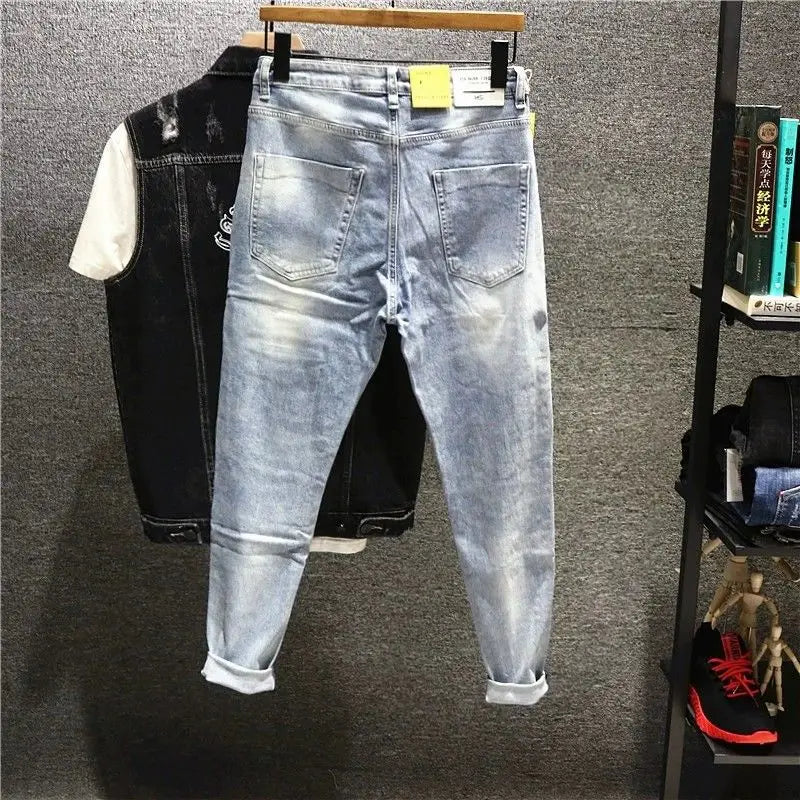 Fashion Harajuku Designer Stylish Slim Fit Patchwork Denim Jeans for Men Patches Korean Luxury Clothing Cowboy Pants for Men