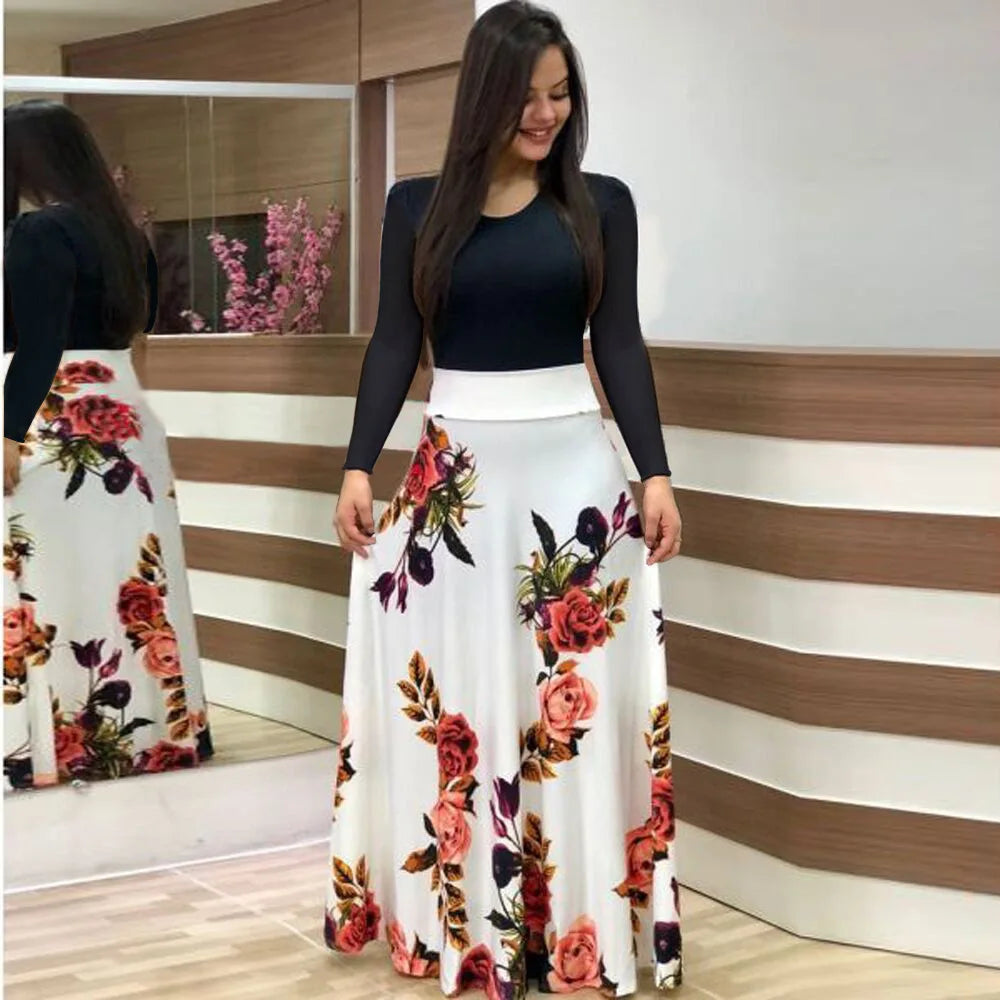 2024 European and American style flower print color matching short sleeved dress for women's large swing skirt