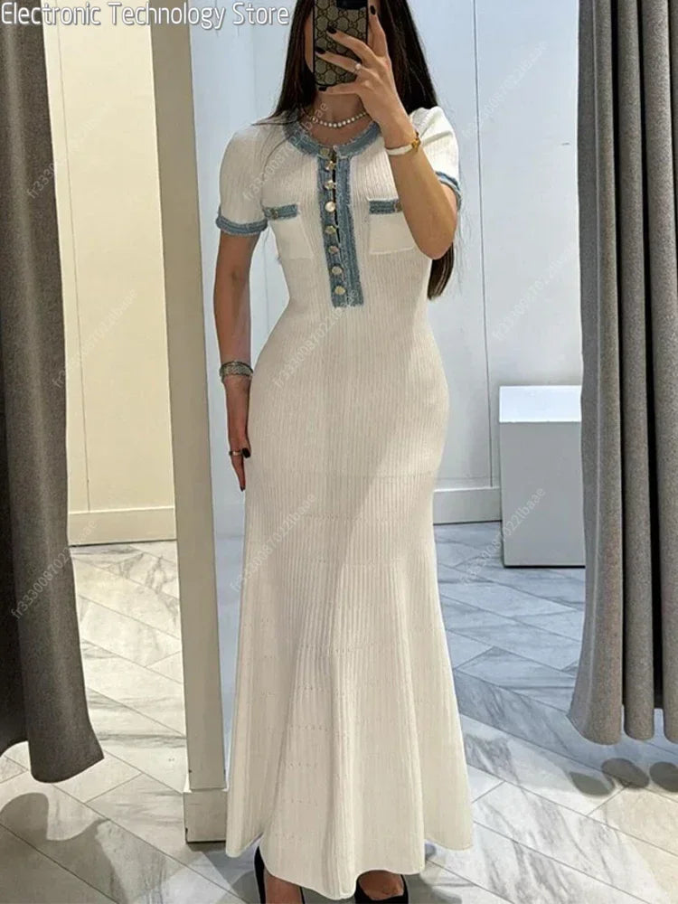 Elegant Contrasting Women Knit Maxi Dress Chic O-neck Short Sleeve Metal Buttons Bodycon Dresses 2024 Office Lady Commuting Robe