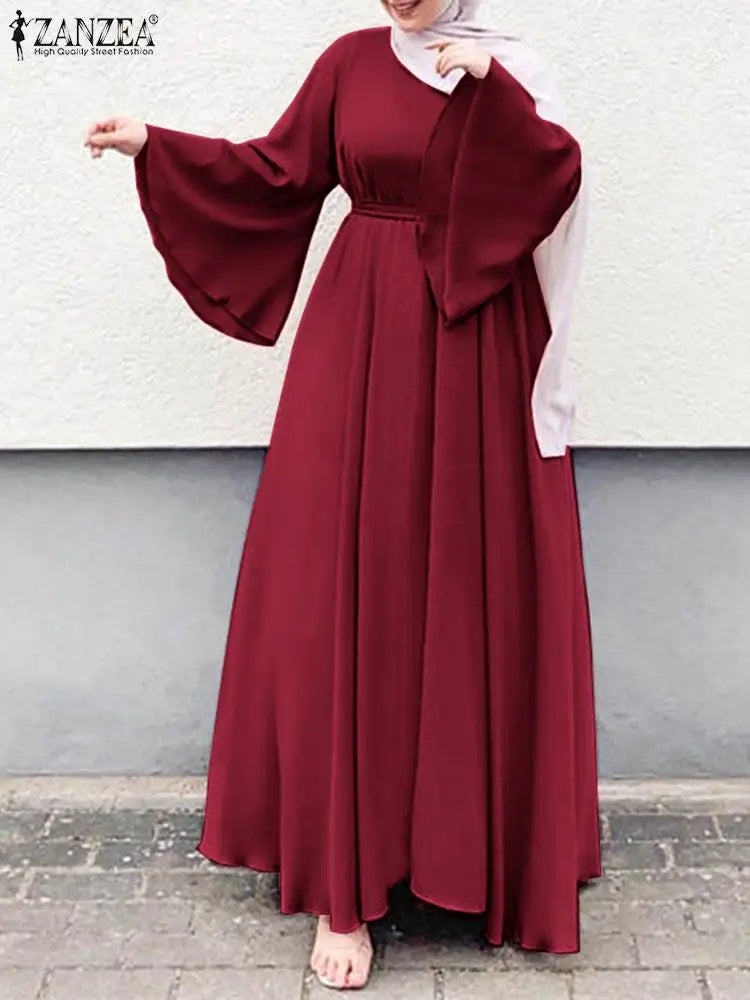ZANZEA Women Muslim Maxi Dress Solid Color O-Neck Long Sleeve Turkish Abaya Robe Fashion Casual Elegant Party Oversized Vestidos