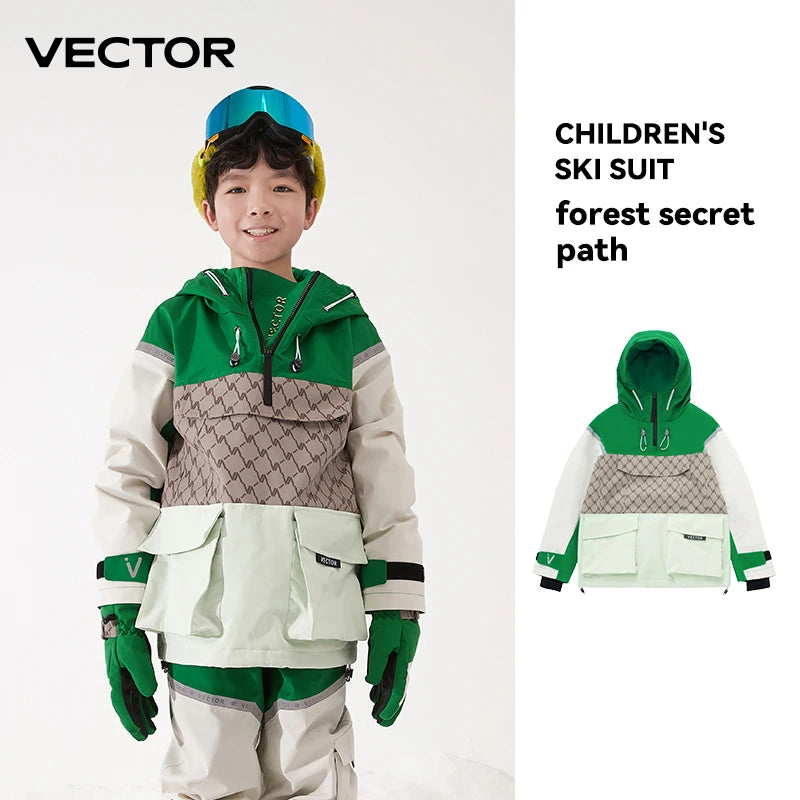 VECTOR Ski Wear Children Hooded Sweater Reflective Boys and Girls Ski Wear Thickened Warmth Waterproof Ski Equipment Ski Jacket