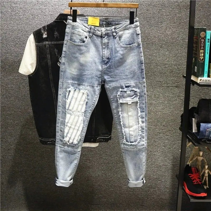 Fashion Harajuku Designer Stylish Slim Fit Patchwork Denim Jeans for Men Patches Korean Luxury Clothing Cowboy Pants for Men