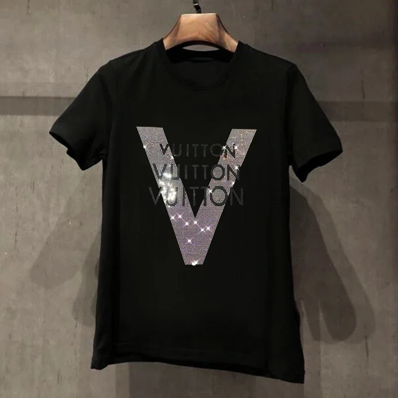 2024 Men's T-shirt Quality Mercerized Cotton V-shaped Pattern Rhinestone New Street Fashion Style Short-sleeve Male Top Clothes