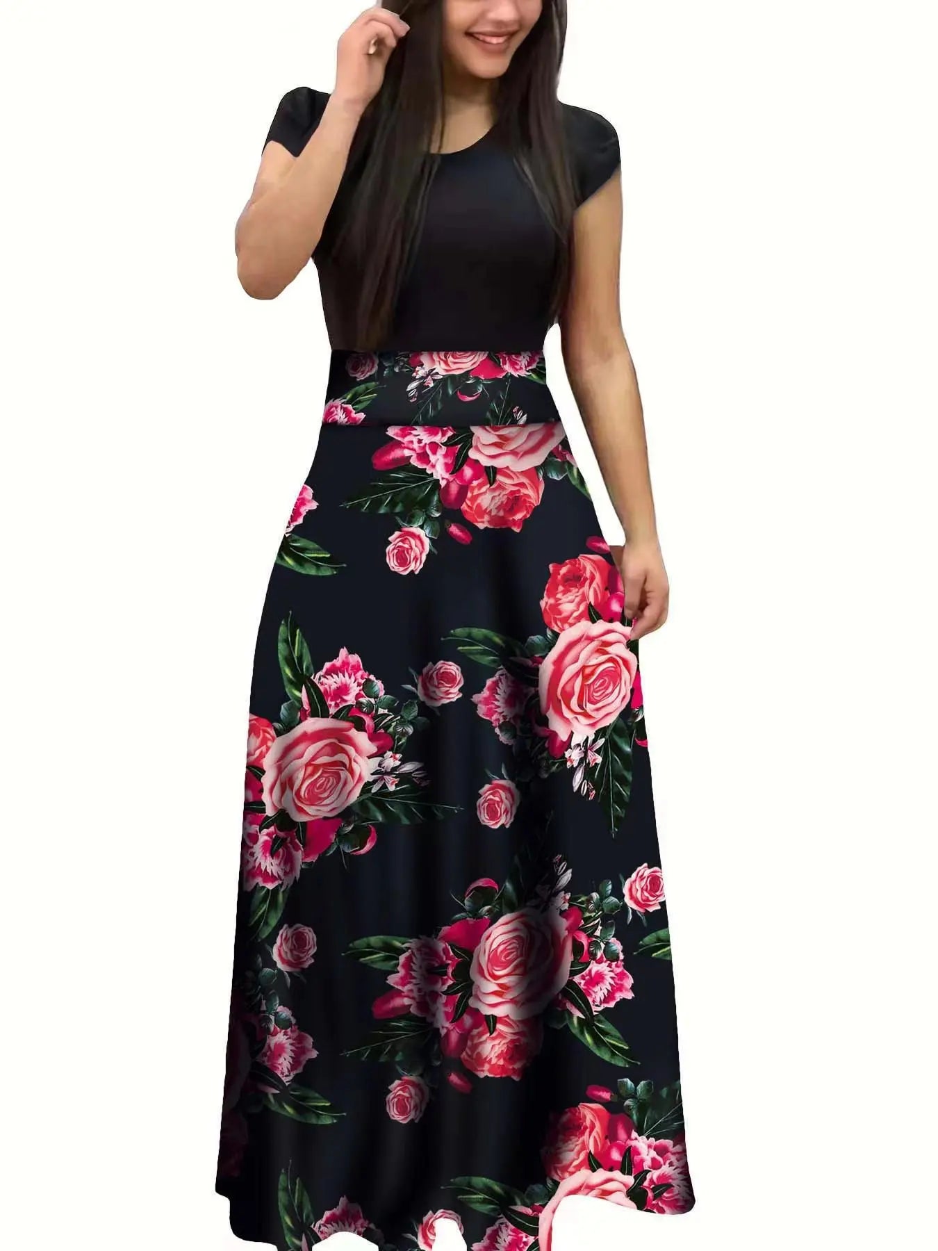 2024 European and American style flower print color matching short sleeved dress for women's large swing skirt