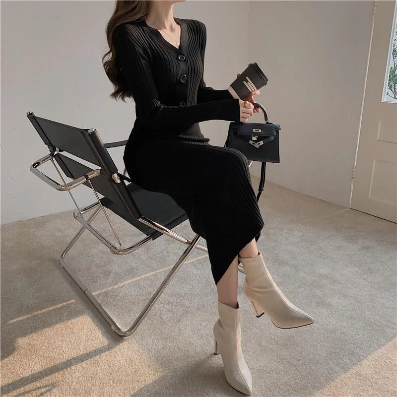 Winter Slim Women Long Dress V Neck Sexy High Waist Knitted Long Sleeve Solid Color Outwear Sexy Women Dress Fashion