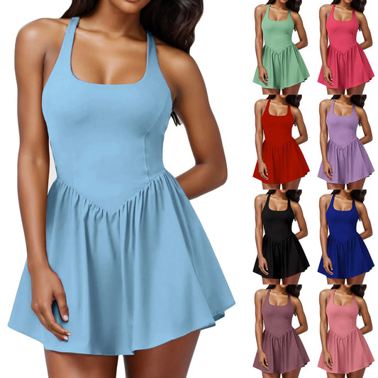 Women Solid Running Workout Rompers Dress Gym Yoga Clothes Athletic Built In Shorts Sleeveless Cross Backless Tennis Playsuits