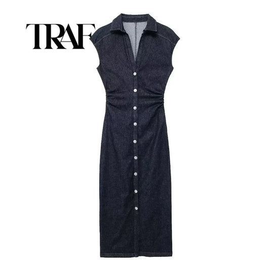 TRAF Sleeveless Denim Long Dress Women Bodycon Tank Midi Dress Woman Summer Ruched Button Up Casual Dresses For Lady 2024