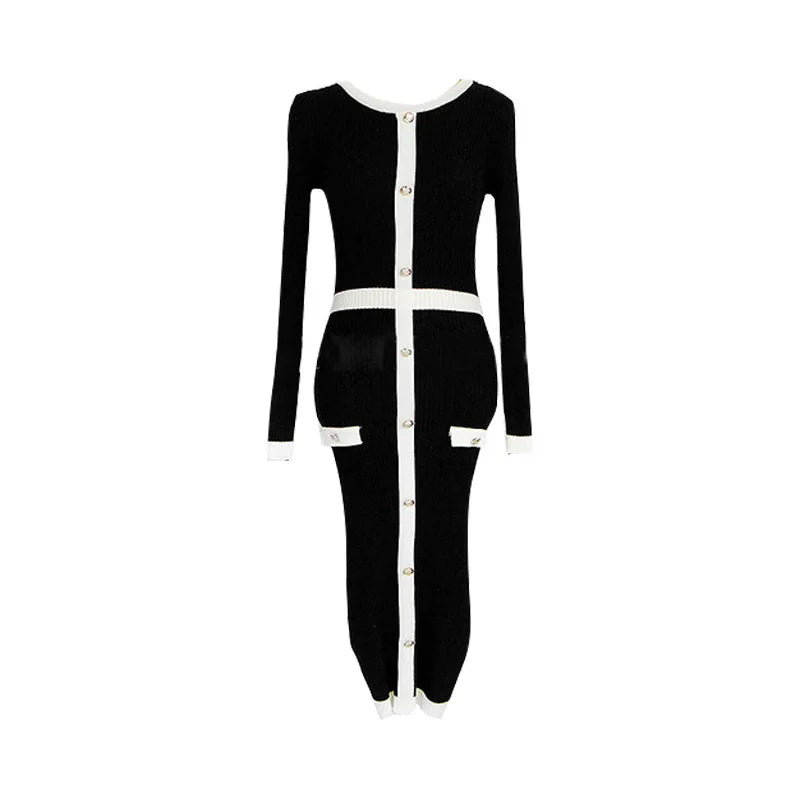 2024 Autumn/winter New Arrival Korean-style Elegant Round Neck Black White Color Block High-waisted Slimming Knit Dress Women