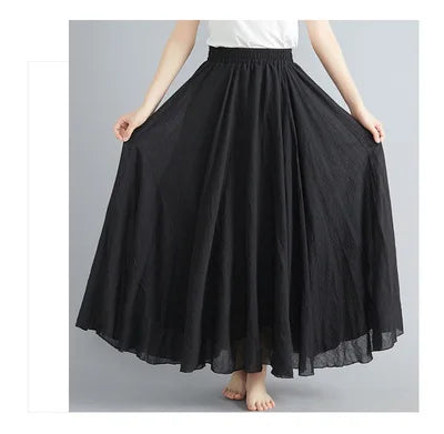 28-Color Mori Girl Literary Cotton Linen Dress Elastic Waist A-line Expansion Skirt Solid Color Ethnic Style Women Long Skirts