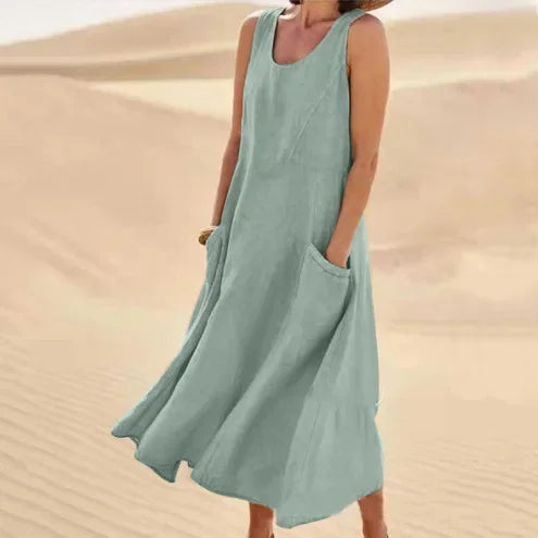 2023 Summer Casual Loose-fit Women's Dress Sleeveless Solid Color Round Neck Long Cotton Linen Dress Imported Europe America