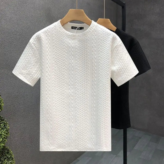 2024 New Summer Retro Korean Style Striped Knitting Solid Color T-shirts for Men Handsome O Neck Short Sleeve Chiffon Y2K Tops