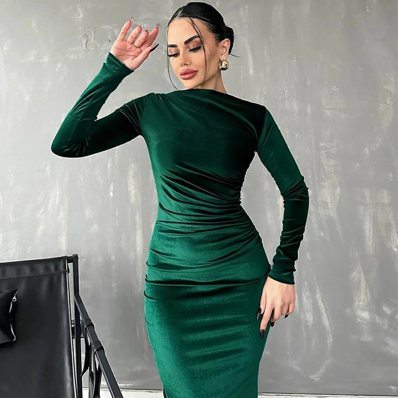 Dulzura 2024 Spring Summer Velvet Long Sleeve Midi Dress For Women Ruched Long Dress Elegant Party Clothes Evening Green Outfits