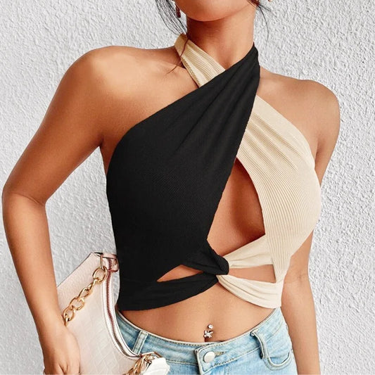 Women Summer Tank Tops Knit Sexy Black White Cross Halter Neck Push Up Hollow Crop Tops High Street Wear 2024 New Fashion