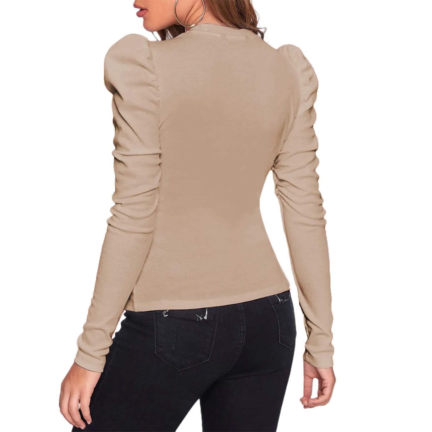 Women's T-shirt Solid Color Round Neck Bubble Long Sleeved Slim Fit Top