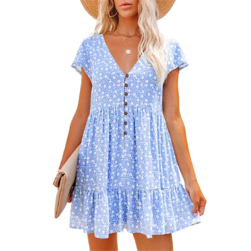 Women's Summer Sun Dresses Floral Full Print Button Up Dress Women Beach Dress V-neck Casual Loose Dress Women's Summer Clothing