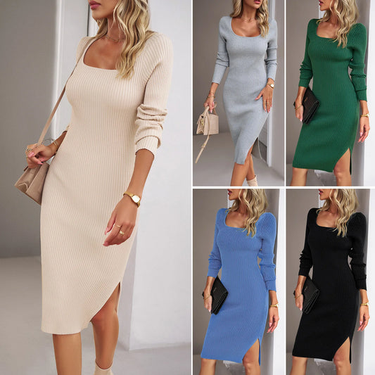 Women's Dress Autumn Winter Female Solid Color O-neck Sweater Long Sleeve Dress Lady's Slit Package Hip Dress Women's Dress