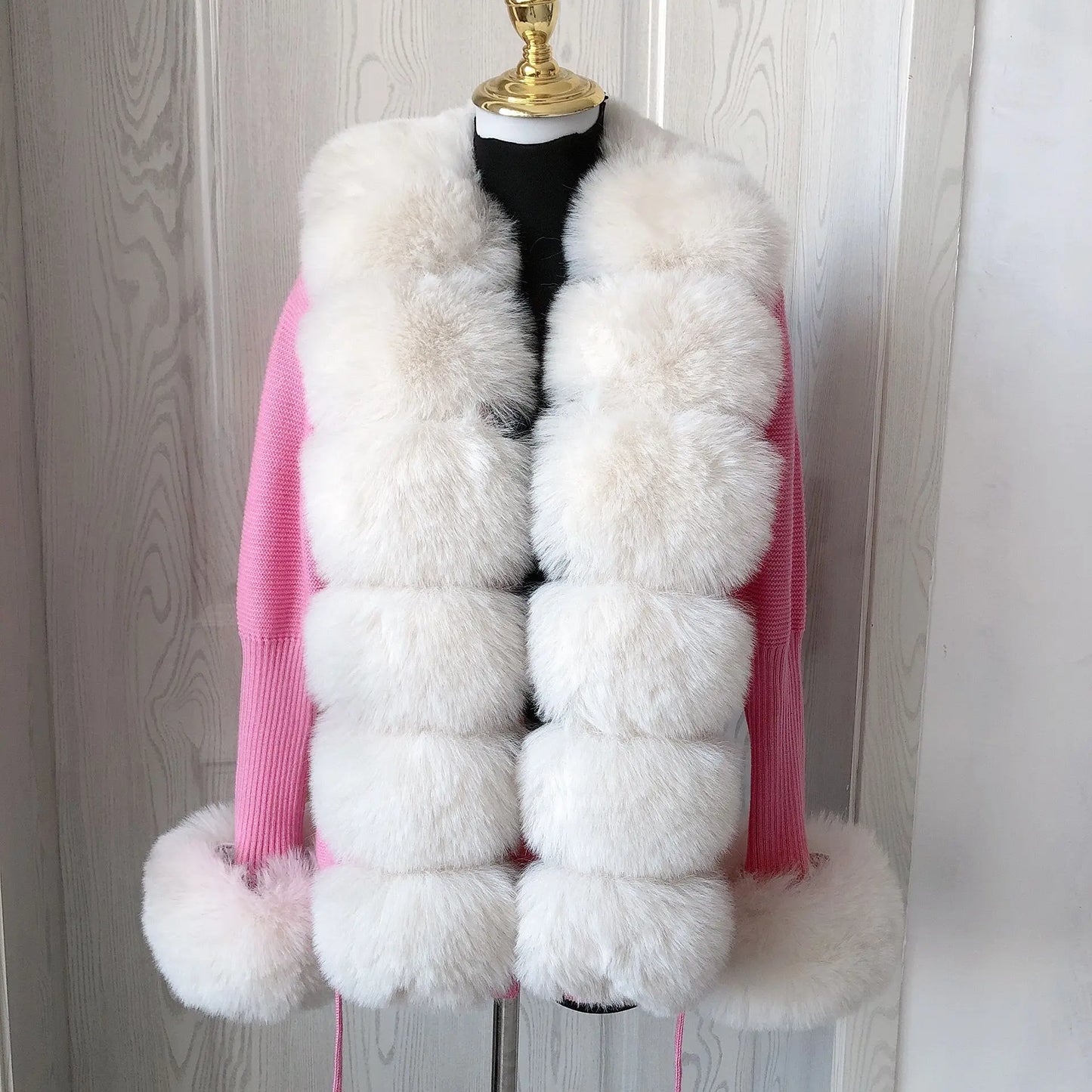 Women Faux Fur Knit Sweater cardigan Spring Autumn elegant Knitted sweater with faux fox fur collar Ladies Fashion Coat fur coat