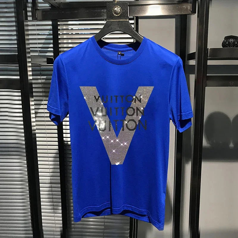 2024 Men's T-shirt Quality Mercerized Cotton V-shaped Pattern Rhinestone New Street Fashion Style Short-sleeve Male Top Clothes