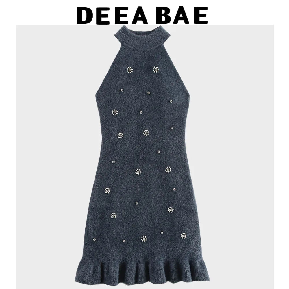 DEEABAE European Style Winter New High-end String Bead Decoration Artificial Fur Effect Hanging Neck Collar Dress