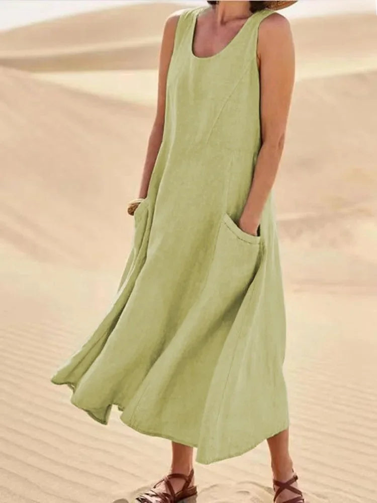2023 Summer Casual Loose-fit Women's Dress Sleeveless Solid Color Round Neck Long Cotton Linen Dress Imported Europe America