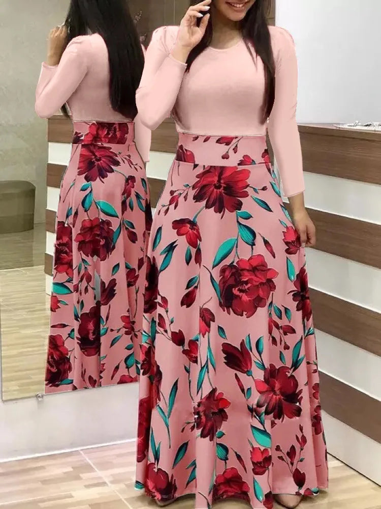 2024 European and American style flower print color matching short sleeved dress for women's large swing skirt