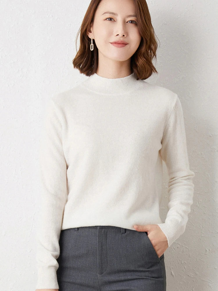 2024 Women Solid Half High Collar Cashmere Sweater Autumn Winter Loose Plus-Size Knitted Wool Casual Sweater Bottoming Shirt