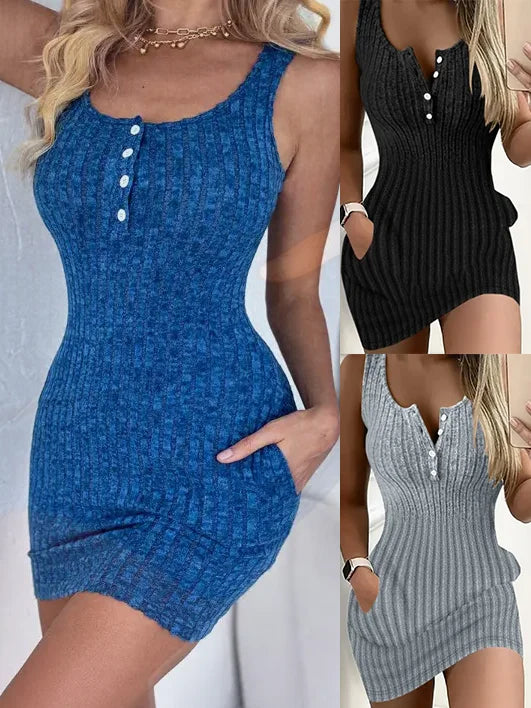 Button Front With Pocket Tank Dress  Elegant Sleeveless Bodycon Dress For Spring  Summer  Women's Clothing