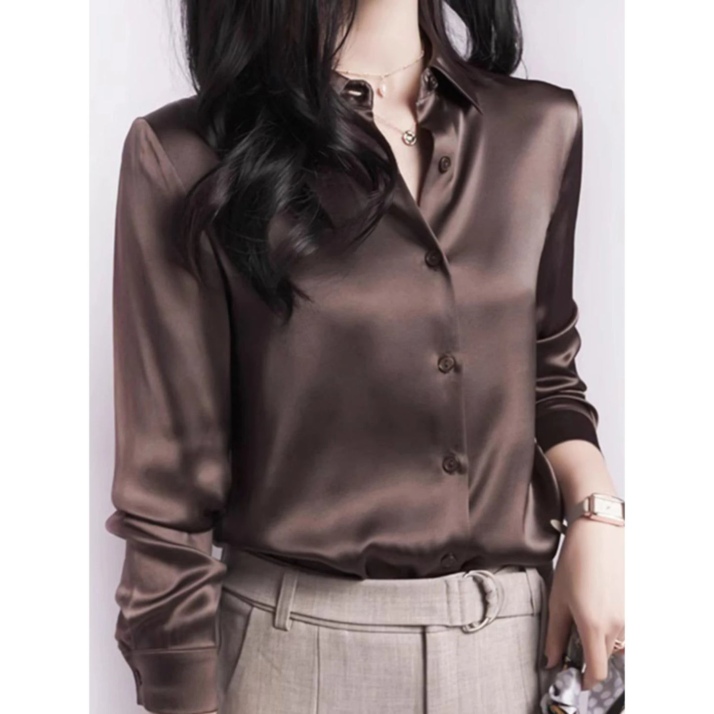 2024 Summer Trend Fashion Women's Casual Elegant Satin Long Sleeved Shirt Office Women's Shirts And Blouses Slim Femal Clothes