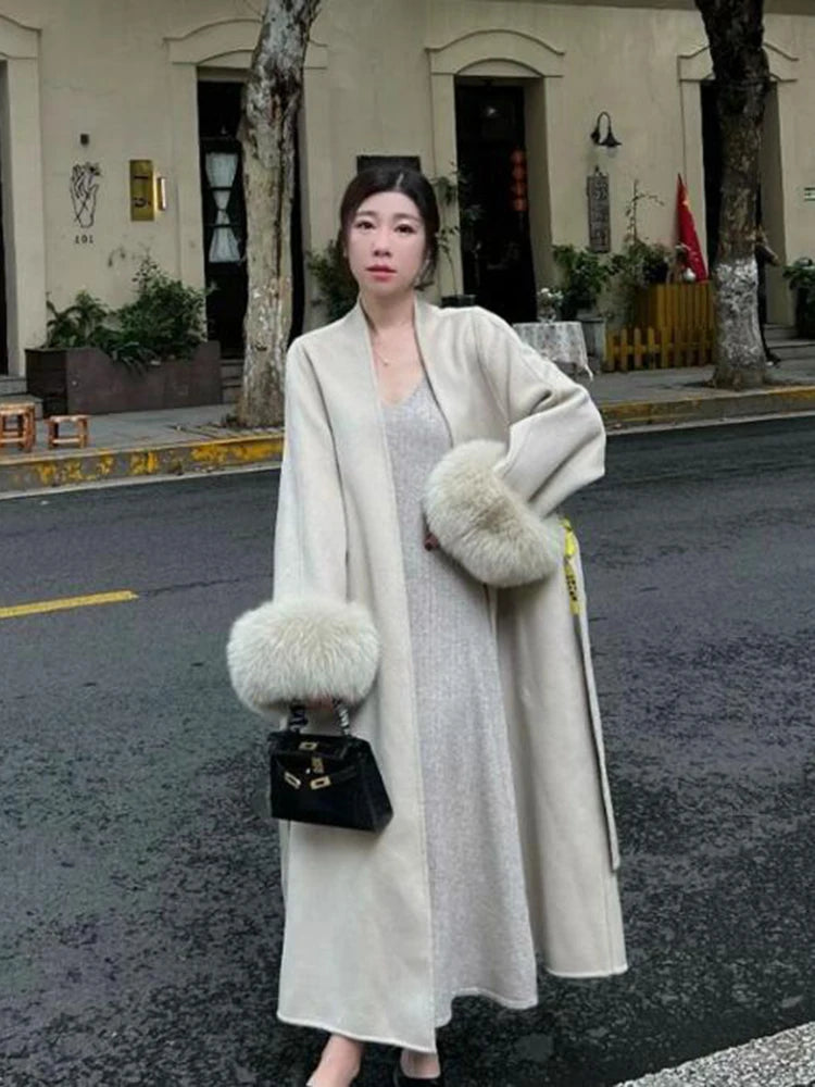 2024 Warm Long Coat With Belt Women's Elegant Warm Wool Blend Trench Coat Winter Clothes Fashion Outerwear Trench Coat